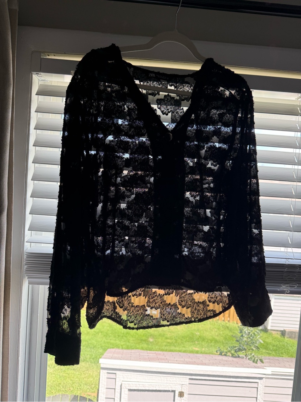 Zara Black Sheer Lace Button-Up Blouse